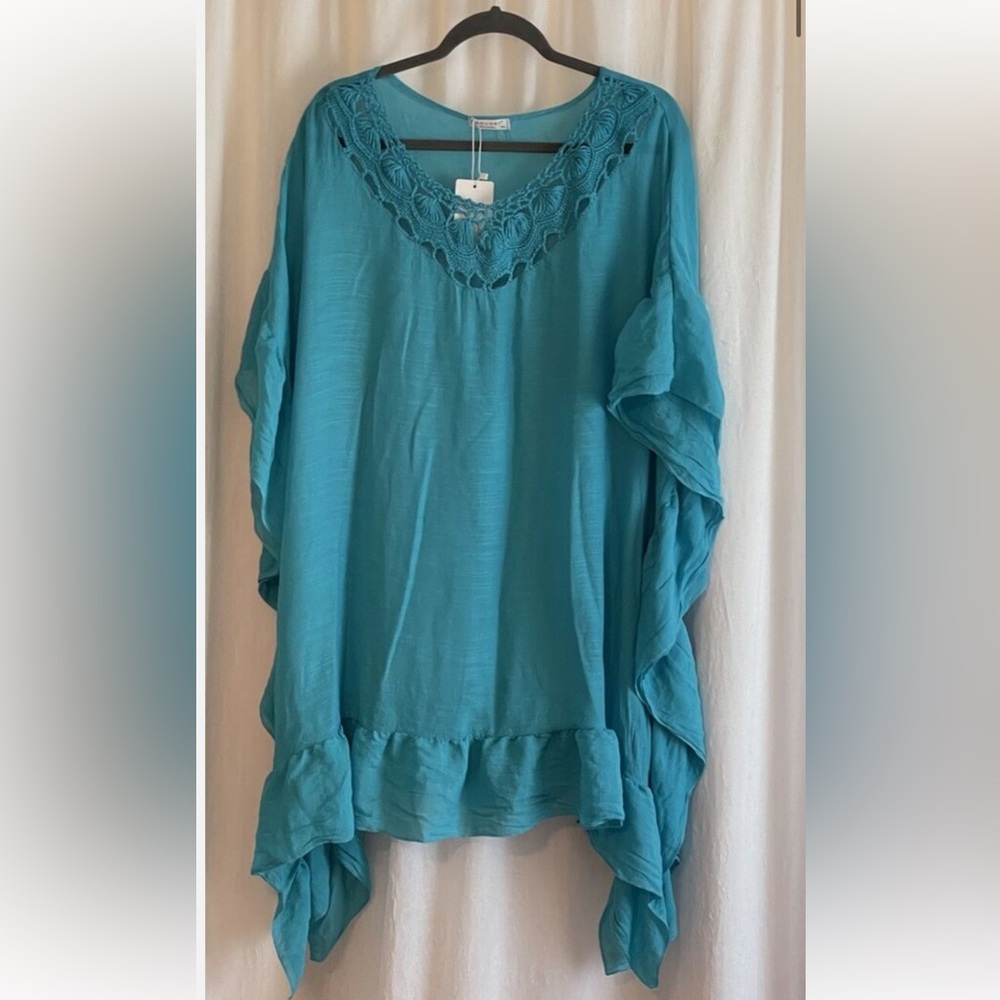 Ekouaer Blue Swimsuit coverup with crochet neck - ruffles - turquoise